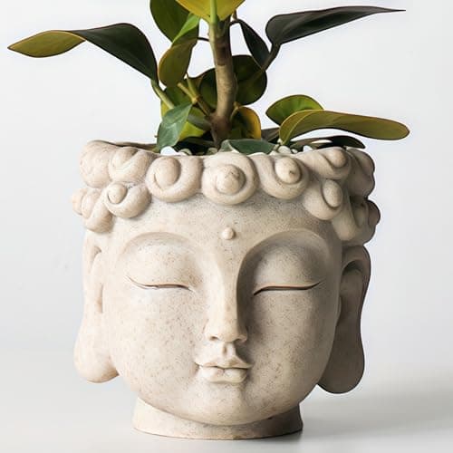 Image of SYDDOL Buddha Head Plant Pot Stone Effect Resin Planter, Zen Garden Succulent Flower Pot, Oriental Meditation Home Decor, Indoor Outdoor Lightweight Eco-Friendly Plant Holder Gift for Yoga Lovers