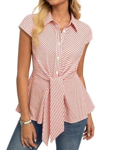 Image of GRACE KARIN Women's Striped Tops Summer Peplum Cotton Shirt Smart Casual Office Work Blouse Tie Front Cap Sleeve Tunic Orange XL