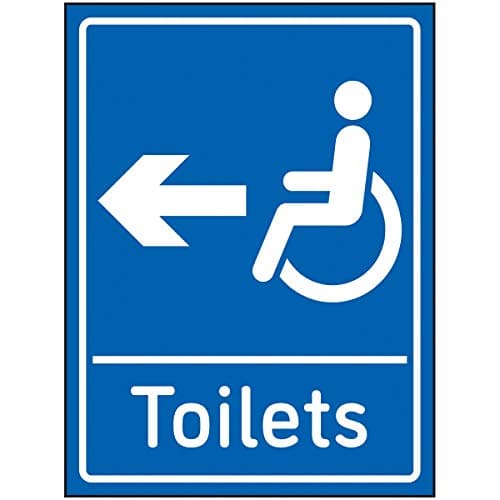 Image of Vsafety Disabled Toilets Arrow Left Sign - 150x200mm - Blue Self Adhesive Vinyl