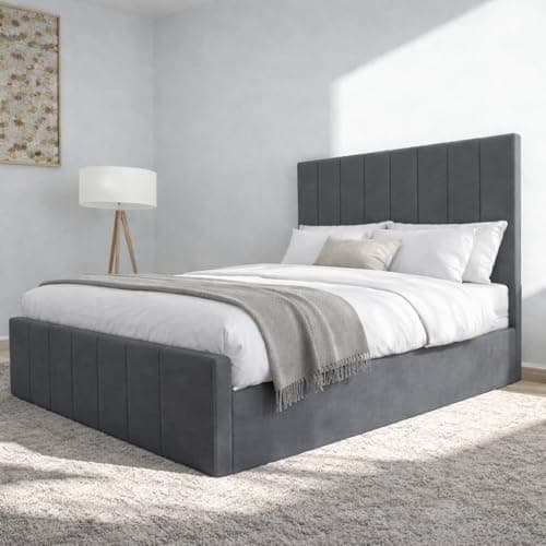 Image of Upholstered Bed Frame with Vertical Padded Headboard, Modern Plush Velvet 4ft6 Double 5ft King Size, Black Grey Cream, Solid Pine Slats (Grey, King (U.K. Standard))