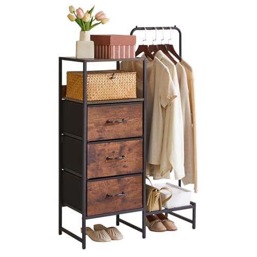 Image of Aibiju Chest of Drawers Bedroom with 3 Fabric Drawers, Fabric Dresser with Shelf, Coat Hanger with Shoe Shelf & Shelves for Bedroom, Living Room, Hallway, Office, Rustic Brown YD-TM081H