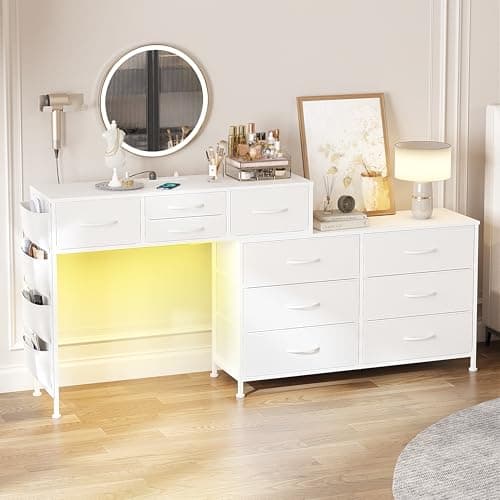 Image of Mossora 170cm Chest of Drawers with Charging Station and LED Light, Rotatable Dressing Table with 10 Fabric Drawers and Side Pockets, Modern Makeup Vanity Desk Home Office Desks, White