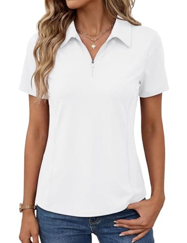 Image of Rapbin Women Gym Tops Ladies Polo Shirts Short Sleeve Workout Running T-Shirt Quarter Zip Activewear for Golf Tennis Moisture Wicking Sports Tshirt White M