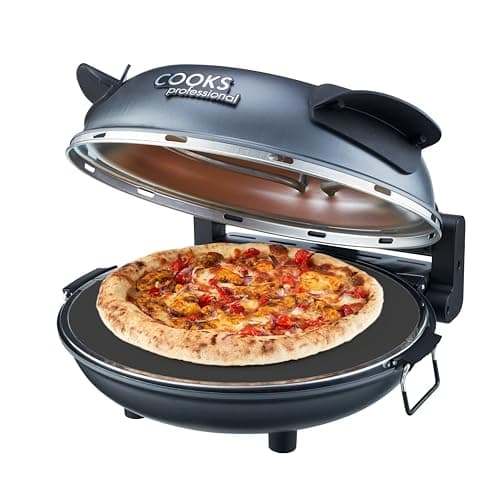 Image of Cooks Professional Electric Pizza Oven with 31cm Stone Base, Glass Window, Timer, Stainless Steel Paddles & Baking Sheet | Energy Efficient Portable Countertop Pizza Maker Machine 1200W | Grey