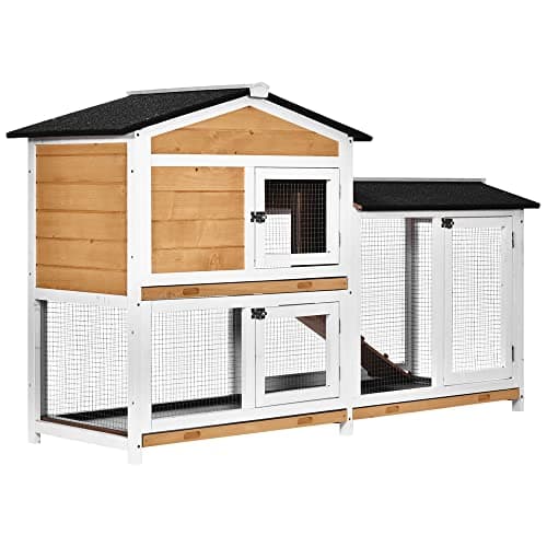 Image of PawHut Rabbit Hutch, Guinea Pig Hutch Wooden 2-Tier Cage w/Run, Yellow