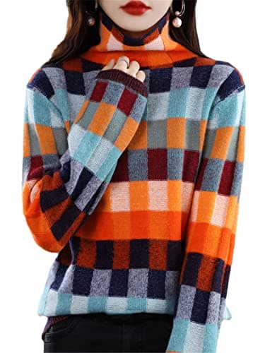 Image of 100% Merino Wool Women's Clothing Sweater Fashion Checkerboard Plaid Top Knit Turtleneck Pullover Autumn Winter MULTI S