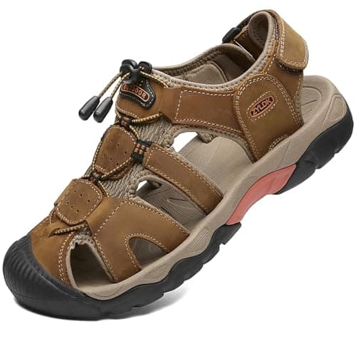 Image of ZYLDK Sports Outdoor Sandals Summer Men's Beach Shoes Casual Sandals for Men Closed-Toe Shoes Leather Trekking Walking Hiking Touch Close Strap Brown UK8.5