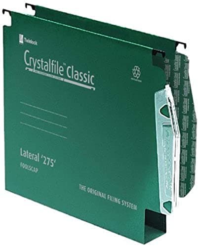 Image of Rexel 275 Lateral Hanging Files with Tabs and Inserts, 30 mm base, 100 Percent Recycled Manilla, Green, Crystalfile Classic, Pack of 50, 78654