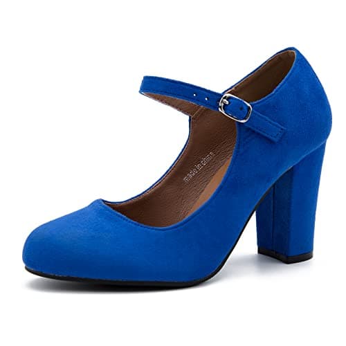 Image of MAIERNISI JESSI Women's Closed Toe Ankle Strap Block Heel Round Toe Chunky High Heel Mary Jane Pumps, Suede Royal Blue, 6.5 UK