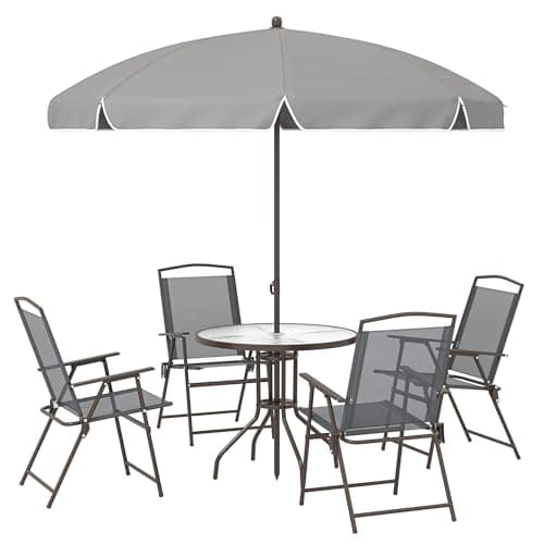 Image of Outsunny 6 Piece Garden Dining Set with Umbrella, Patio Sets with Parasol, 4 Folding Dining Chairs & Round Tempered Glass Table, Dark Grey