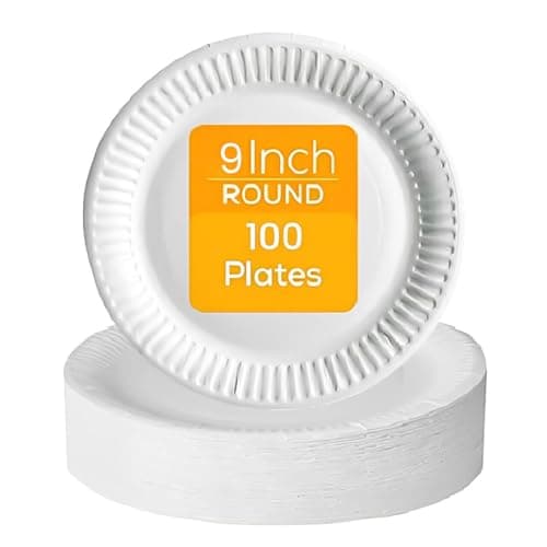 Image of PRISTINE ENTERPRISE White Paper Disposable Plates Pack of 100 Large 23 cm 9 Inch, 100% Natural and Recyclable Ideal for Birthday, Anniversary, BBQs, Picnics, Parties Suitable for Hot & Cold Food