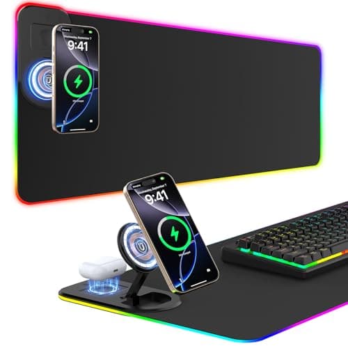 Image of GIM Wireless Charging RGB Gaming Mouse Pad 15W, LED Mouse Mat 800x350x4MM, 10 Light Modes Extra Large Mousepad Non-Slip Rubber Base Computer Keyboard Mat for Gaming (Black-Folding Bracket)