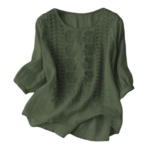 Image of Women Floral Embroidery Neck T Shirt Casual Summer Tops Casual Vacation Pure Color Design, Green, L