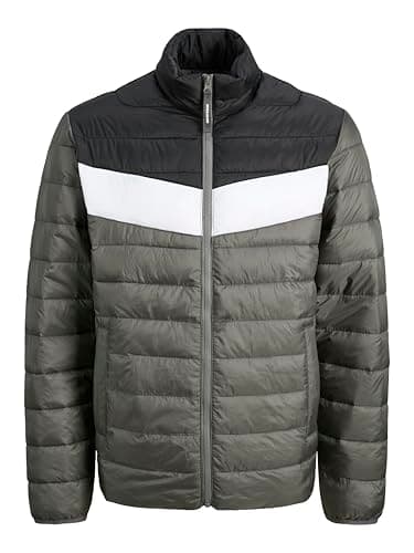 Image of JACK & JONES Mens Quilted Jacket Windproof 100% Nylon Long Sleeve Outdoor Puffer Jacket for Men, Castlerock Colour, Size- L