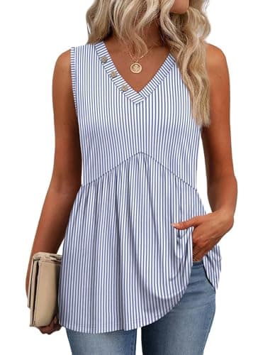Image of Aokosor Vests for Women Ladies Tops Summer Sleeveless V Neck Button Down Babydoll Tank Top Flowy Peplum Hem Shirt Size 10-12 Blue White Stripes