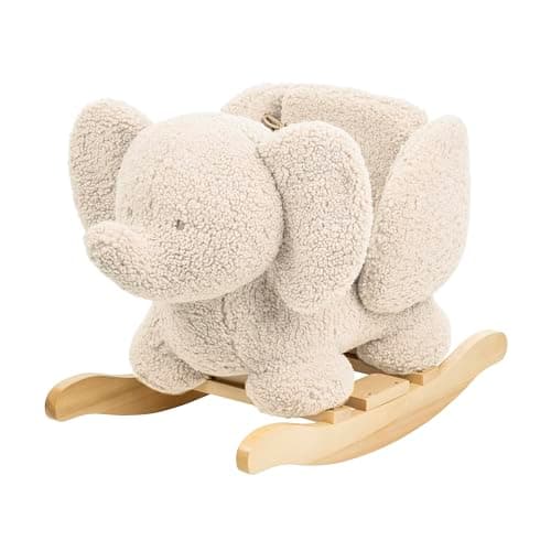 Image of Nattou Wooden Elephant Rocker – Super Soft Teddy Fabric, Padded Seat with Safety Belt & Side Supports, Handles for Small Hands, Easy to Clean, Ages 10–36 Months, Ecru