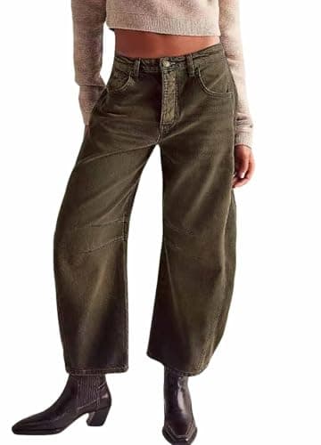 Image of Womens Stretchy Mid Rise Barrel Jeans Vintage Loose Wide Leg Cropped Denim Pants Y2k Baggy Boyfriend Jeans, Caramel, XL