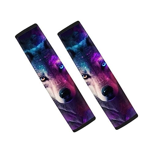Image of Showudesigns Galaxy Wolf Car Seat Belt Cover Pad Universal Fit Auto, Truck, SUV, Airplane Soft Car Seatbelt Strap Shoulder Pad for Adults Kids Neck Cushion Protector Purple Star Space