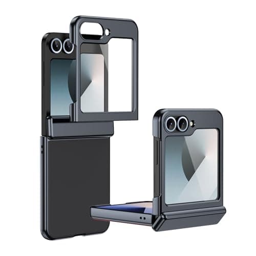 Image of HUOLUNGJIN Flip Cover Compatible with Samsung Galaxy Z Flip 5 Plating Case with Screen Protector Hinge Case,Drop Protection, Scratch Resistant,Slim Design Frosted Folding Cover (Black)