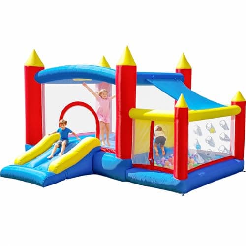 Image of Ballsea Bouncy Castle, Kids Inflatable Bounce House with Blower, Inflatable Slide with Sun Cover for Kids Indoor Outdoor