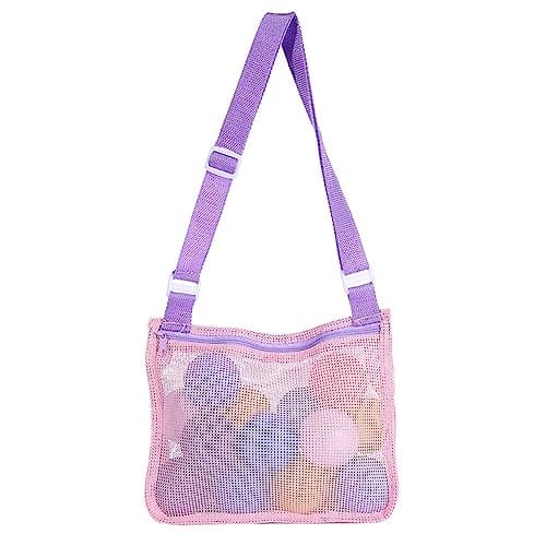 Image of GLADFRESIT Mesh Beach Bag - Shell Net Tote for Seashell Collecting and Beach Accessories (Pink Purple Band)