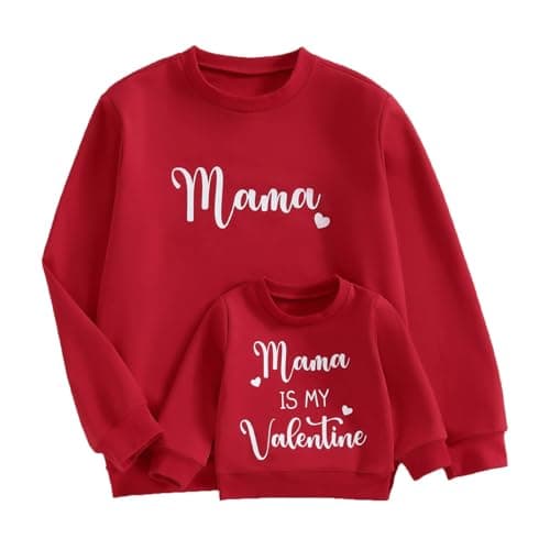 Image of FeMereina Mommy and Me Matching Outfits, Valentine's Day Long Sleeve Letter & Heart Print Sweatshirts Pullovers Family Matching Shirt (Kids, 18-24 Months, Red Kid)