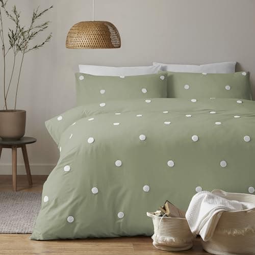 Image of Appletree Signature Duvet Cover Set King – Dot Garden Design – 100% Cotton Bedding – Sage Green with White Polka Dots – Includes 1 Duvet Cover (230x220cm) & 2 Pillowcases (50x75cm)