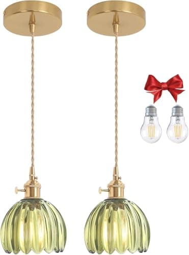 Image of Bravsekai Green Tulip Glass Lampshade Pendant Light, 2 Packs 15cm Glass Shade, Height Adjustable Hanging Wire, Pre-Installed A60 Bulb, Modern Ceiling Pendant Lamp for Kitchen Island, Dining Room