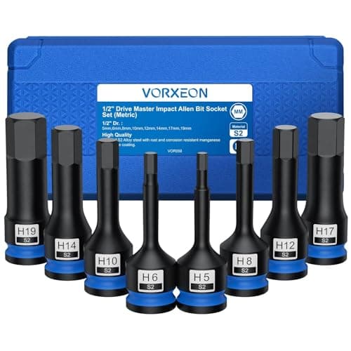 Image of VORXEON 1/2 Drive Impact Metric Hex Bit Socket Set 5MM to 19MM 8PCS Impact Allen Key Socket Set Premium S2 Steel with Rugged Storage Case for Professional Mechanical Vehicle Repair Furniture Assembly