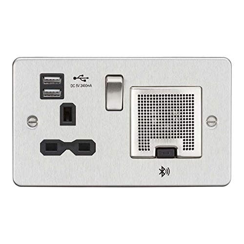 Image of Flat Plate 13A Socket, USB Chargers (2.4A) and Bluetooth Speaker - Brushed Chrome with Black Insert