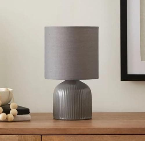 Image of RA-HOMESTORE® New Small But Elegant Ribbed Ceramic Table Lamp Bedside Table Lamp Ceramic Base and Fabric Shade (25cm) (Grey)