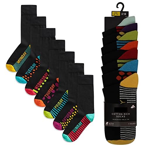 Image of K Collection Mens Ex Store Weekday Socks - 7 Pack - Cotton Rich Anti-Microbial - Days of the Week Socks - Assorted Colours - UK Shoe Size 9-11