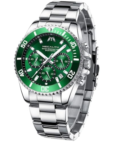 Image of MEGALITH Mens Watches Designer Chronograph - Silver Stainless Steel Watches for Men Green Face Luminous Date Waterproof Mens Wrist Watch Dress Gifts for Men