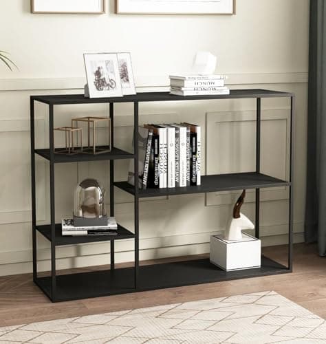 Image of Hallowood Furniture Bewdley 120cm Display Unit with 3 Shelves, Black Metal Shelving Unit with Ample Storage, Metal Bookcase, Console Tables For Hallway Slim Design, Living Room Furniture