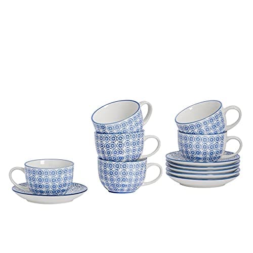 Image of Nicola Spring Hand Printed Cappuccino Cups with Saucers - 250ml - 12pc Navy Porcelain Cappuccino Cups and Saucer Set Coffee Mugs with Handle and Plate