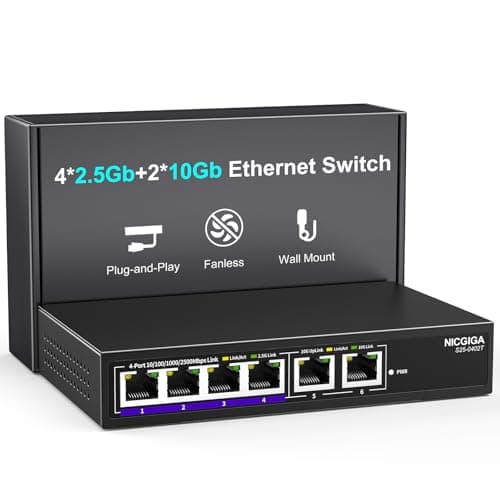 Image of 10Gbe Ethernet Switch Unmanaged with 2 x 10Gb RJ45 Ports + 4 x 2.5Gb Base-T Ports, Desktop/Wall Mount NICGIGA 6 Port 10Gbps Network Switch for Wireless AP, NAS, PC