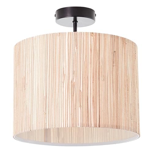 Image of Lucius Semi Flush Ceiling Light Natural Seagrass with Matt Black Metal Base 300mm - LED Compatible Ceiling Light Shade for Bedroom, Hallway, Lounge & Entryway - Dimmable LED Compatible