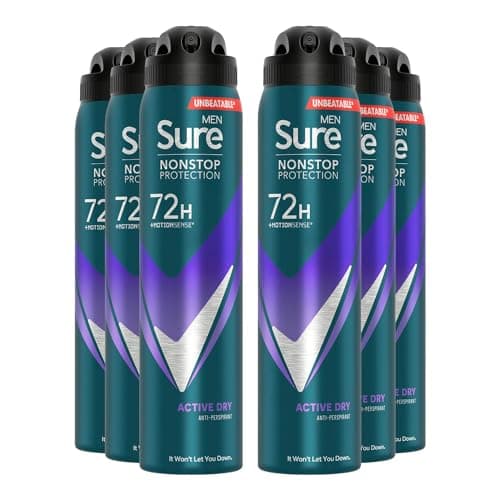 Image of Sure Antiperspirant 72H Nonstop Sweat and Odour Protection Alcohol-Free Body Spray Anti-White Marks with Fresh and Sporty Scent Multi Fragrance Deodorant for Men, 250ml (Active Dry, Buy 6)