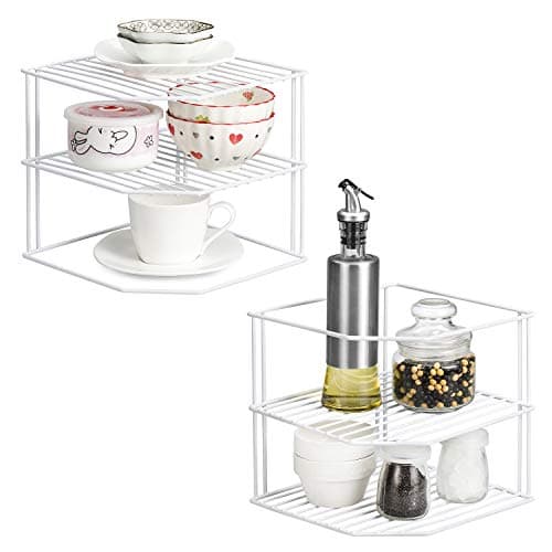 Image of QIWODE Plate Organiser for Kitchen Cupboard, 3 Tier Corner Kitchen Plate Racks, Tiered Storage Shelf Racks for Plate in Cabinets, White(Pack of 2)