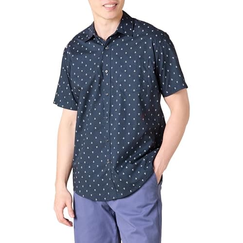 Image of Amazon Essentials Men's Regular-Fit Short-Sleeve Print Shirt, Navy White Anchor Print, M