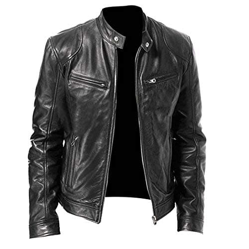 Image of Men's Leather Biker Jacket - Vintage Leather Jacket Men Motorcycle - Stand Collar Distressed Leather Bomber Jacket Men(Black,Small)
