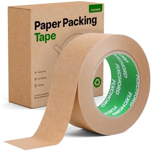 Image of FIXCHORD Kraft Paper Packing Tape 48mm x 50m | Eco Friendly & Recyclable Strong Brown Paper Tape | Writable & Waterproof | Paper Packaging Tape for Packing Parcels and Boxes, Moving House | 1 Roll