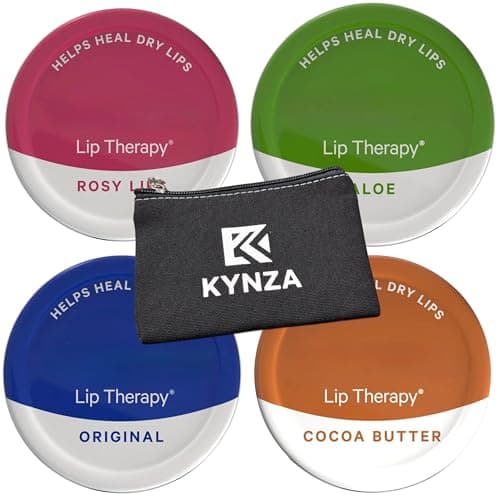 Image of Lip Balm Set x 4 - Original, Cocoa Butter, Aloe Vera and Rosy | Lip Therapy Gift Set Bundle with 4 x 20g Tins of Lip Balm with Kynza Mini Purse Bag | Moisturiser, Dry and Chapped Lips | Travel Sized