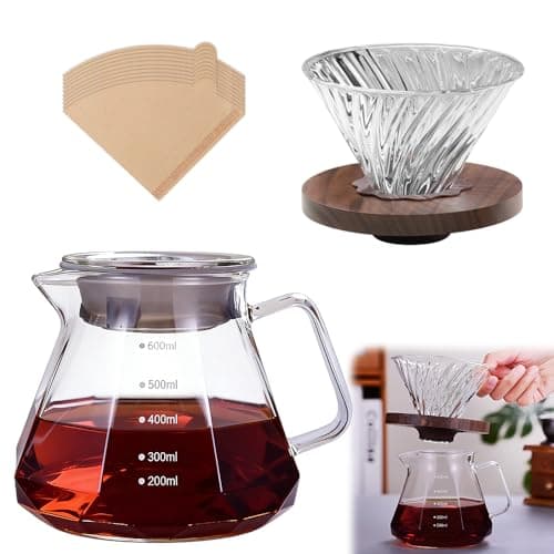 Image of NAVESO Pour Over Coffee Maker, 600ML Borosilicate Glass Coffee Server, Coffee Filter Jug with 100 PCS Paper Filter, Walnut Base, Glass Lid and Glass Funnel for Home Café Restaurant Camping