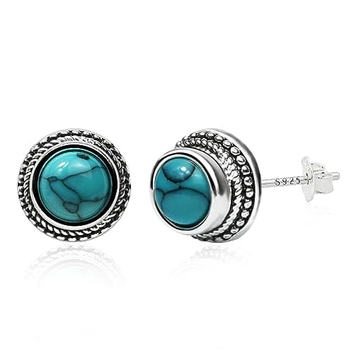 Image of Weviway Turquoise Earrings 925 Sterling Silver Post 8mm Round Stud Earrings Gemstone Hypoallergenic Earrings for Women Turquoise Jewellery