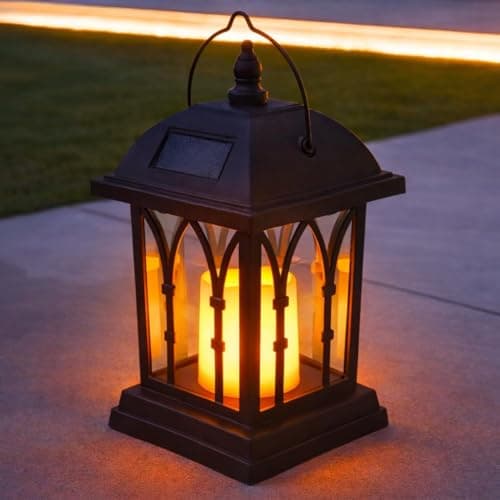 Image of Festive Lights - 27cm Black Outdoor Solar Garden Candle Lantern - Flickering Amber LED, Hanging Tabletop Solar Powered Light, Waterproof Patio, Garden & Decking Lighting, Lanterns Gift for Mum