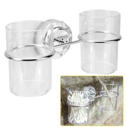 Image of BEAZOOM Plastic Tumbler Holder,Chrome Stainless Steel Suction Cup Toothbrush Holder with 2 Clear Plastic Cups for Bathroom Wall Mounted Storage