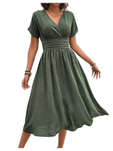 Image of GORGLITTER Women's Wrap V Neck A Line Flowy Maxi Dress Summer Short Sleeve Ruched Smocked Holiday Beach Dresses Green X-Large