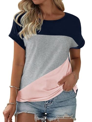Image of Fisoew Women's T-Shirts Color Block Round Neck Short Sleeve Tops Casual Summer Tee Shirts (Pink, M)