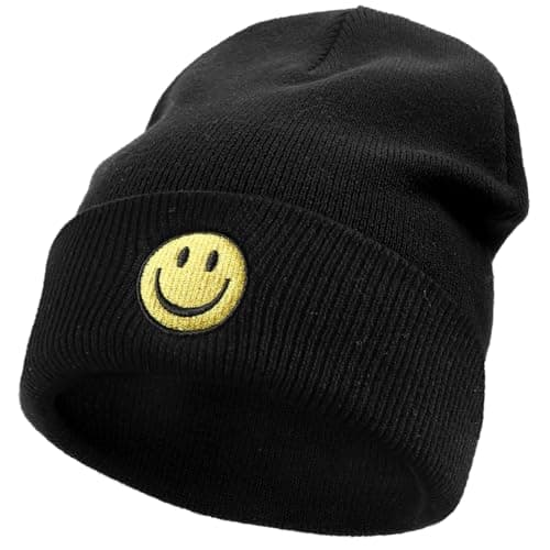 Image of SONMONY Smile Face Beanie Hats for Women Mens Winter Knit Beanies Soft Cuffed Warm Smile Stretchy Beanies Hat…, Black, One Size